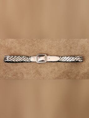 Silver Tone Braided Leather Belt with Decorative Buckle
